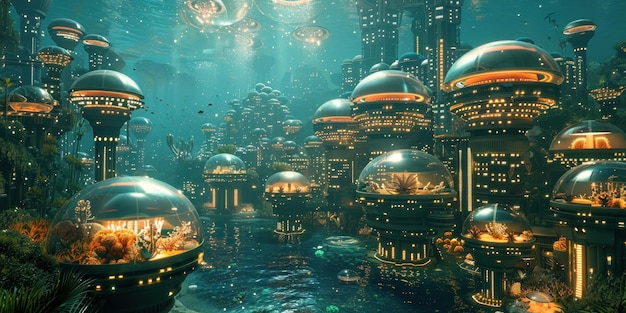 Photo enchanting underwater metropolis with spectacular lights and futuristic buildings on ocean surface