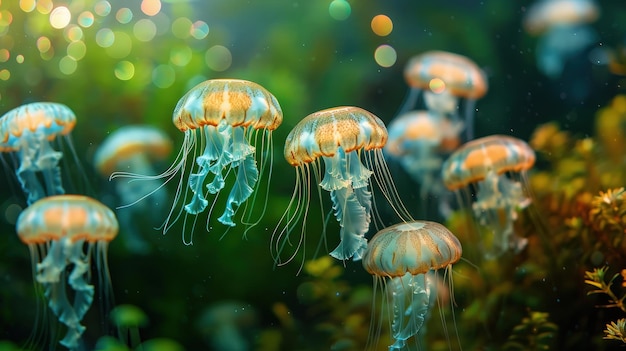 Enchanting Underwater Scene with Glowing Jellyfish in a Vibrant Marine Environment