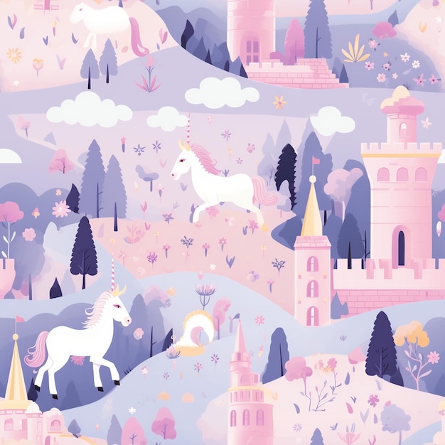 Photo enchanting unicorns and castles in pastel tones seamless pattern