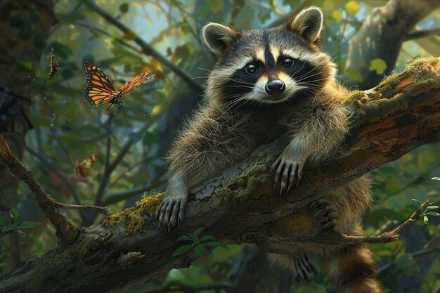 An enchanting view of a raccoon perched on a tree generative ai