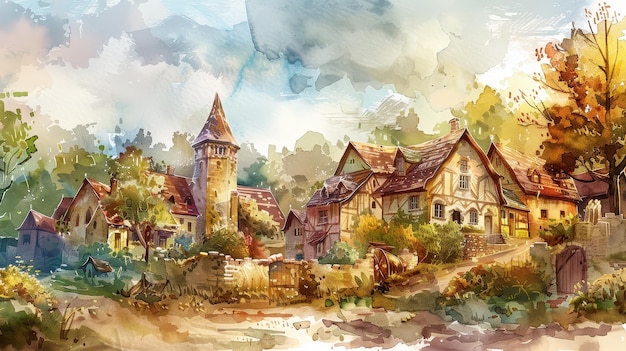 Enchanting watercolor graphic depicting a charmingpicturesque village nestled in the idyllicserene countryside Featuring warmearthy tones and intricate