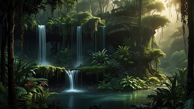 Photo enchanting waterfall spills out from between the gardens of a treetop building with a morning feel