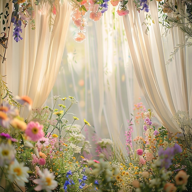 An enchanting wedding backdrop set in a field of wildflowers with vibrant colors and diverse blooms