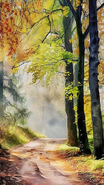 Enchanting wild forest path with watercolor