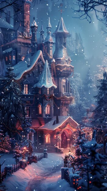 Photo enchanting winter evening at a charming castle adorned with snow