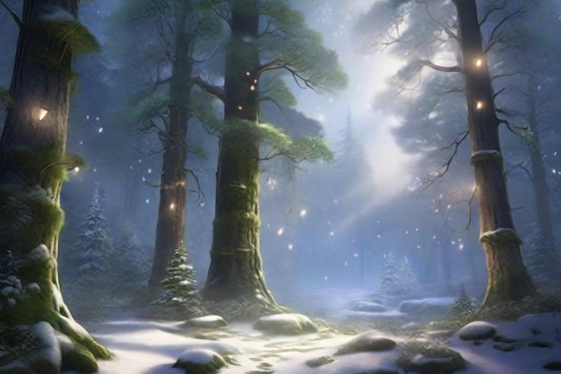 Enchanting Winter Forest Glade with Snow nights and nature christmas photography