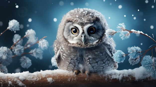 Enchanting Winter Forest with Baby Owl on a Winter Background AI Generated