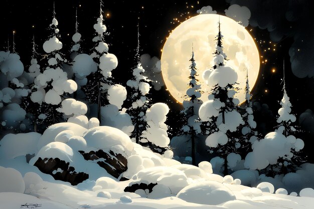 Enchanting Winter Night with Full Moon and Snowy Trees