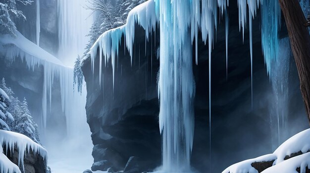 Photo enchanting winter waterfall with graceful icicles