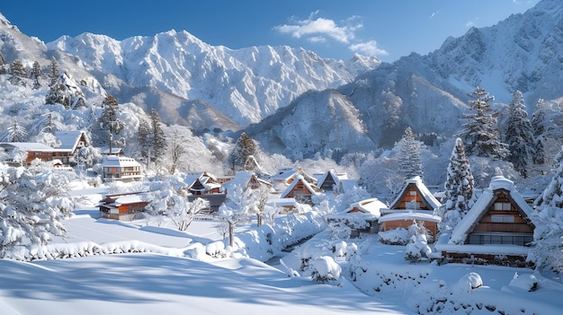 Enchanting Winter Wonderland of Minamimrawen Village in Japan with Majestic Mountains and Lush