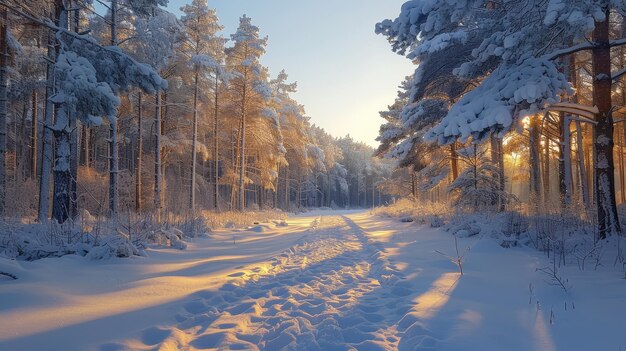 Enchanting Winter Wonderland A Serene Snowy Forest Path at Sunset