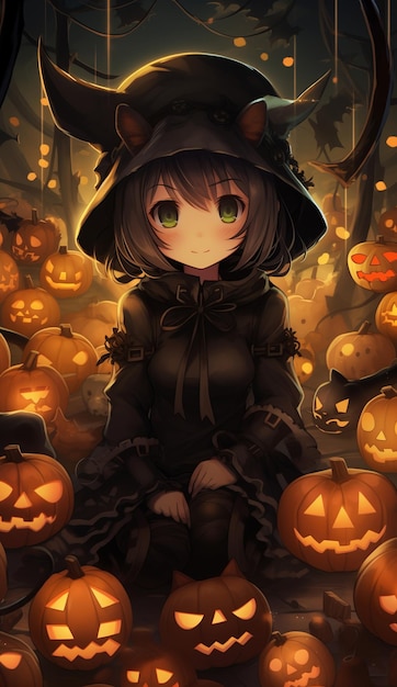 Enchanting Witch Surrounded by Glowing Pumpkins