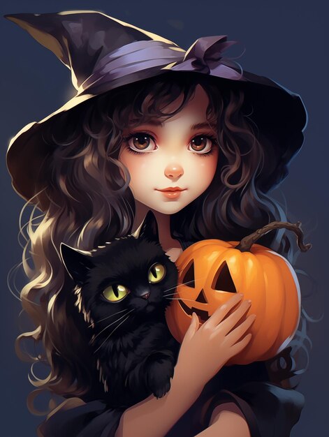 Enchanting Witch with Black Cat and Pumpkin Illustration