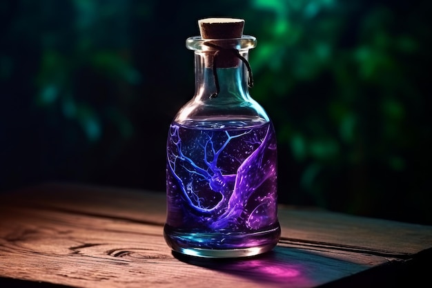 Enchanting witchcraft potion on wooden table Generative AI