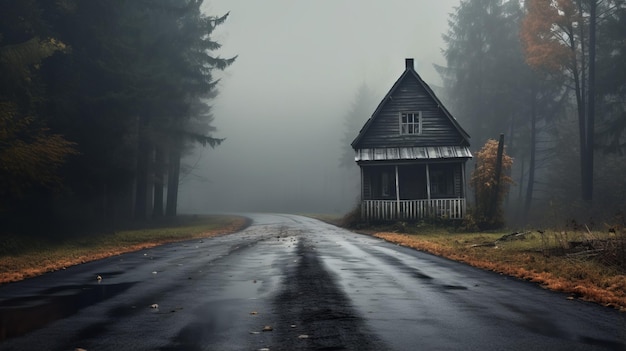 Enchanting Wooden Cabin On A Serene Road In The Woods