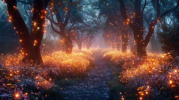 Photo enchanting woodland path lit by fairy lights