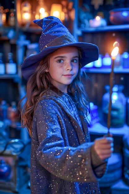 Photo enchanting young girl in wizard costume holding a magic wand in a mystical shop with candlelight