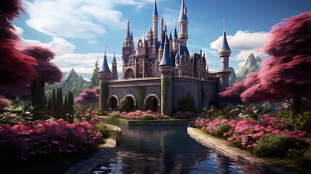 enchantment fantasy world in mystical forest with ancient castle