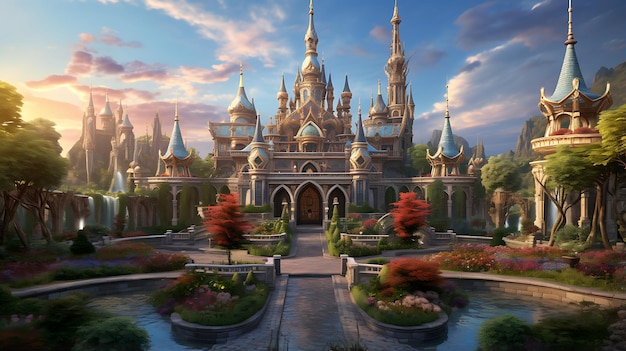 enchantment fantasy world in mystical forest with ancient castle