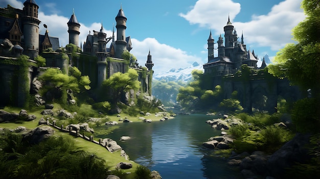 enchantment fantasy world in mystical forest with ancient castle