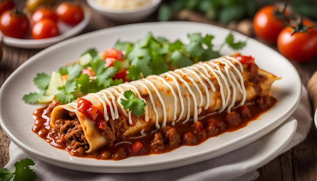 Enchilada with beef with tomato sauce on wooden table mexican kitchen