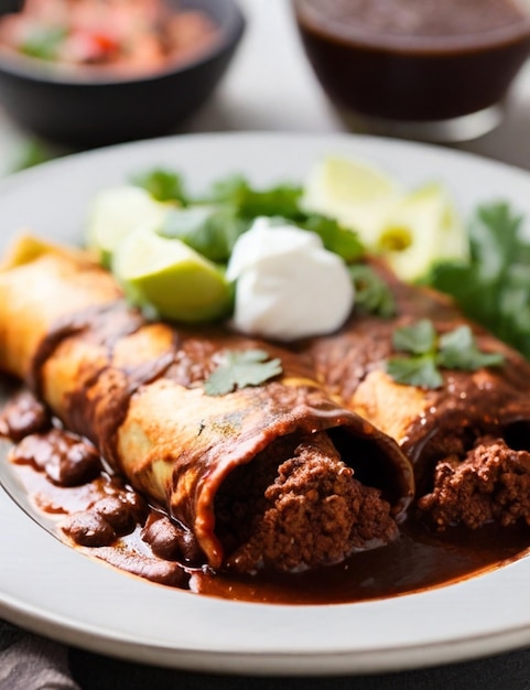 Enchiladas coated in mole sauce on dish