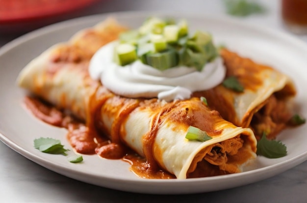 Enchiladas plated with a swirl of sour cream on top