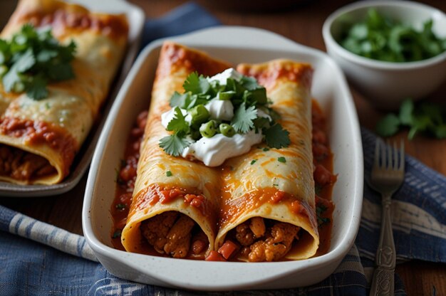 Enchiladas served with a fresh cilantro garnish realis