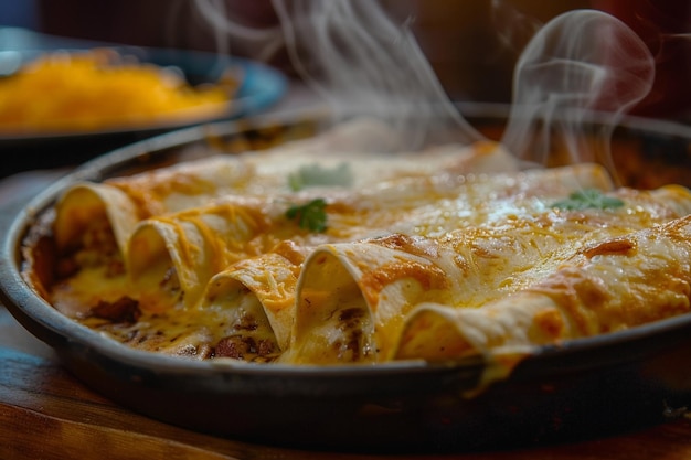 Enchiladas on a sizzling plate steam and cheese pull visible