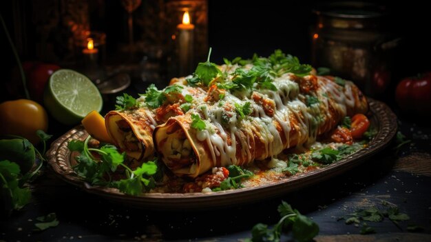 enchiladas stuffed with vegetables and meat with melted mayonnaise on a wooden table