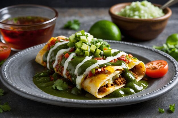 Enchiladas with green salsa and melted cheese