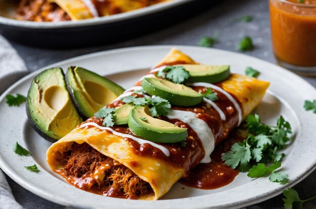 Photo enchiladas with smoky chipotle sauce and a sprinkle of fresh herbs