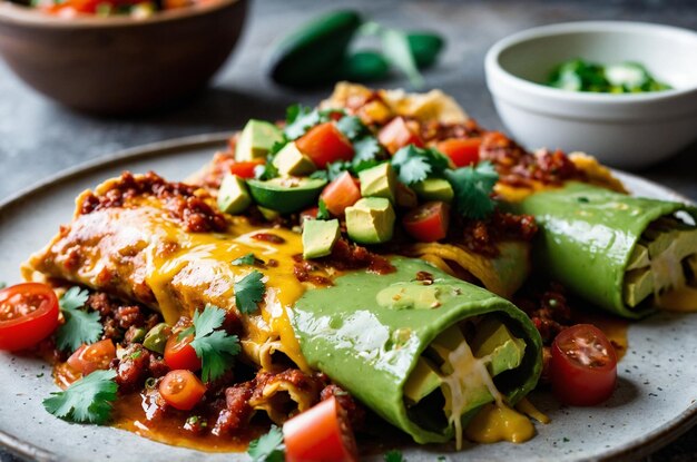 Photo enchiladas with spicy turkey and avocado salsa