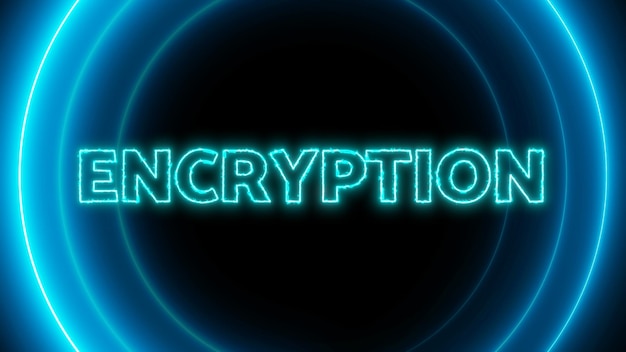 Encryption text with neon glowing circle on a dark background