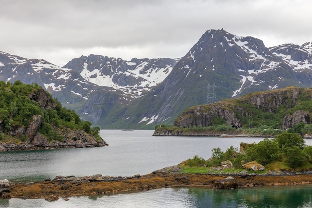 End of fjord. Beautiful Norwegian landscape. view of the fjords. Norway ideal fjord reflection in clear water In cloudy weather