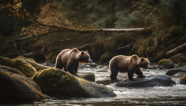 Endangered bear cub plays near tranquil water generated by AI