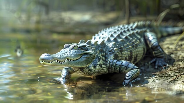 Photo endangered gharial crocodile in indian river at sunset