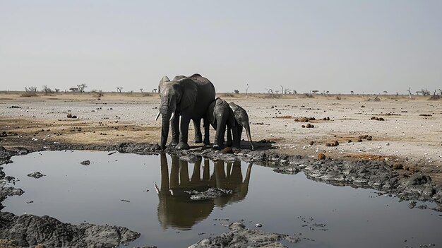 Photo endangered giants of the savannah elephant family at dwindling water hole amid global warming crisis