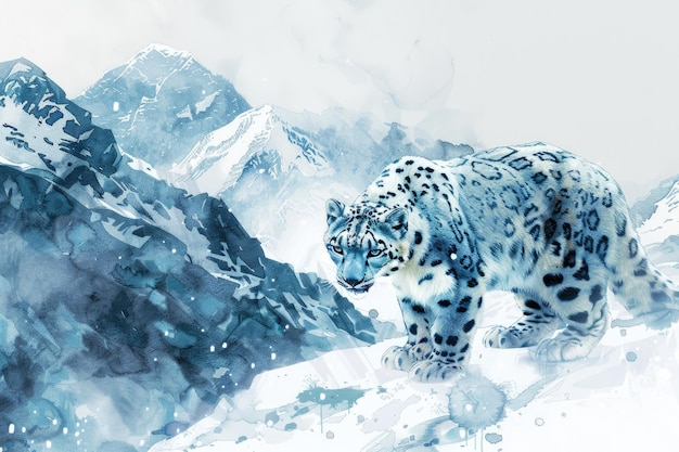 Photo endangered snow leopard in a snowy mountain landscape