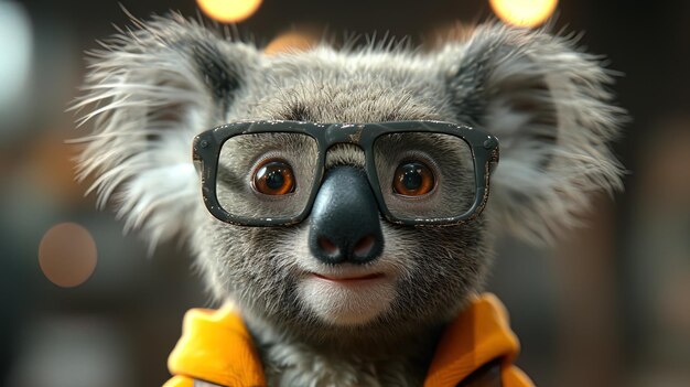 An endearing cartoon koala sporting oversized glasses giving it an extra dose of cuteness as it g