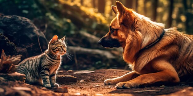 Endearing image of a cat and a dog peacefully coexisting and showing mutual respect promoting harmony on International Cat Day Generative AI