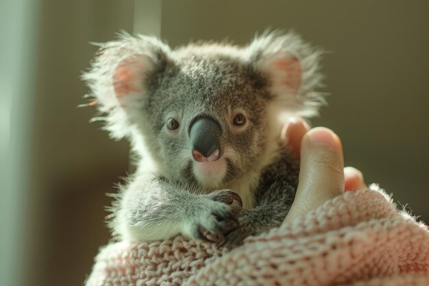 The endearing image of a person cradling a fluffy koala plush toy