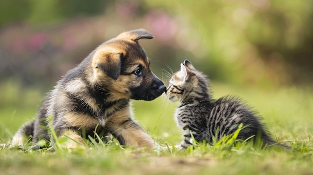 An endearing interaction between a canine and feline during playtime