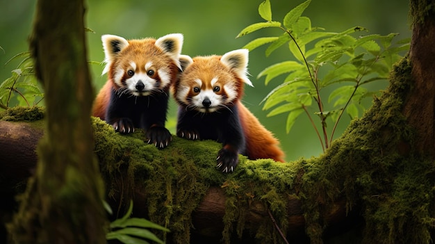 Endearing red pandas nestled among the branches of a bamboo forest showcasing their adorable charm