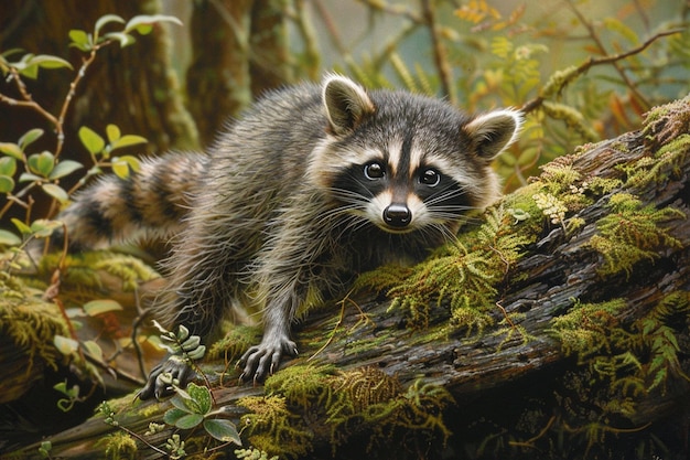 An endearing scene of a young raccoon cautiously t generative ai