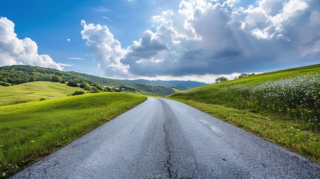 Endless Country Road Through Lush Green Fields Under Dramatic Cloudy Sky