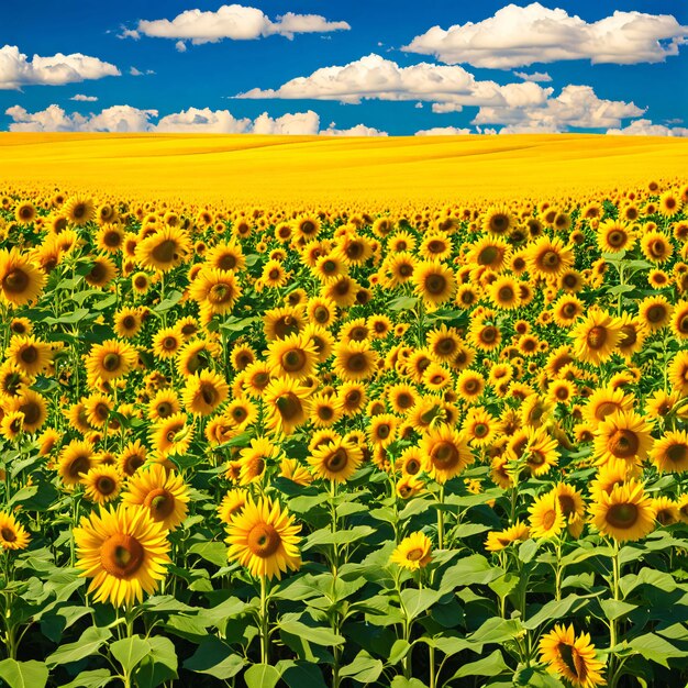 an endless field of vibrant sunflowers under a bright blue