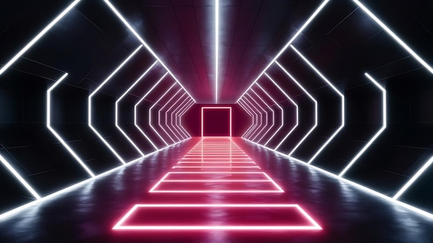 Endless flight in a futuristic dark corridor with neon lighting a bright neon square in front