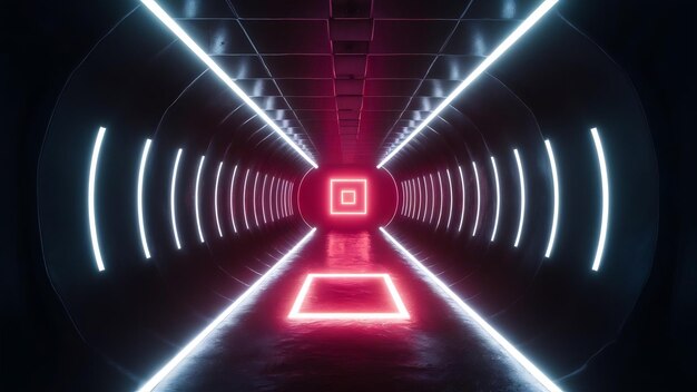 Endless flight in a futuristic dark corridor with neon lighting a bright neon square in front