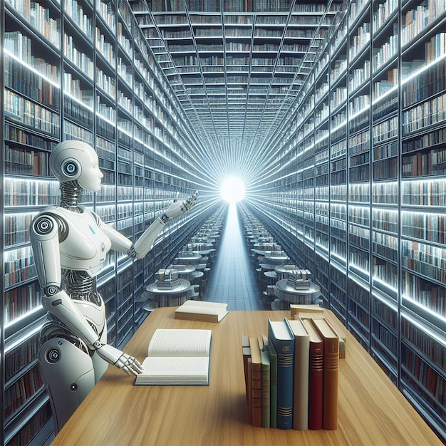 An endless library with books that float to readers on command overseen by a robotic librarian